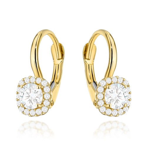 Kolczyki złote z kwadratowym kamieniem i cyrkoniami