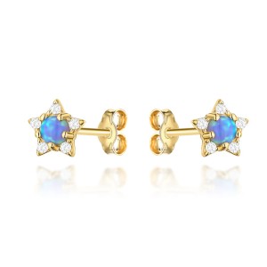 Kolczyki złote gwiazdki z cyrkoniami i kamień opalit