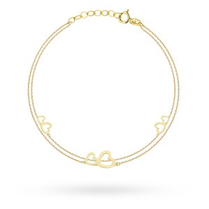 Gold bracelet with three double hearts on a double chain