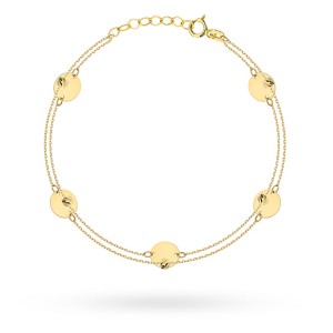 Gold bracelet with full circles and diamond balls on a double chain