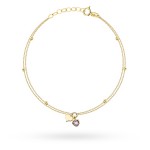 Bransoletka złota z kamieniem, sercem i diamentowanymi kulkami na podwójnym łańcuszku