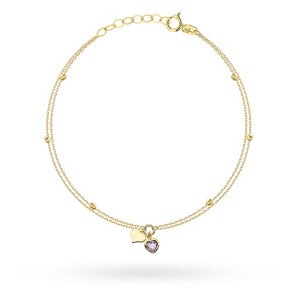 Bransoletka złota z kamieniem, sercem i diamentowanymi kulkami na podwójnym łańcuszku