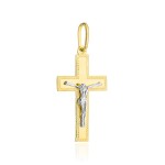 Krzyżyk złoty zdobiony diamentowaniem z Jezusem w dwóch kolorach złota średni