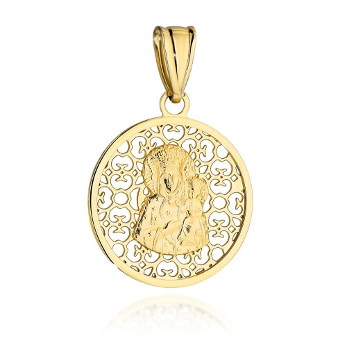 Medalik złoty Matka Boska Częstochowska w zdobionym ażurowym kole
