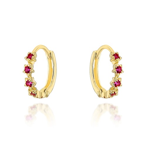 Kolczyki złote kwiatki z cyrkoniami w kolorze fuksji na kreolu