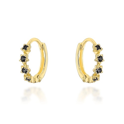 Kolczyki złote kwiatki z czarnymi cyrkoniami na kreolu