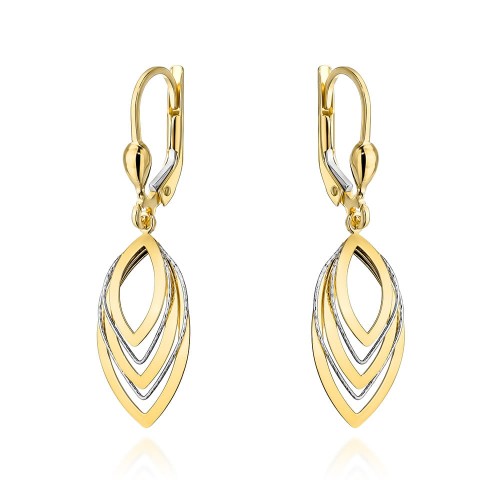 Kolczyki złote listki w dwóch kolorach złota na angielskim zapięciu