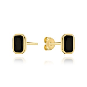 Kolczyki złote prostokąty z czarnym kamieniem