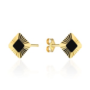 Kolczyki złote romby z czarnym kamieniem w diamentowanej oprawie