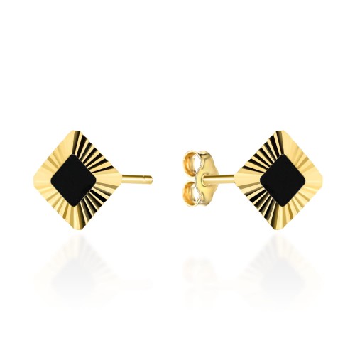 Kolczyki złote romby z czarnym kamieniem w diamentowanej oprawie