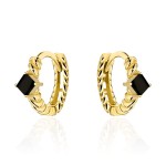 Kolczyki złote kółeczka żłobione z czarnym kamieniem
