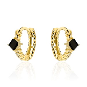 Kolczyki złote kółeczka żłobione z czarnym kamieniem