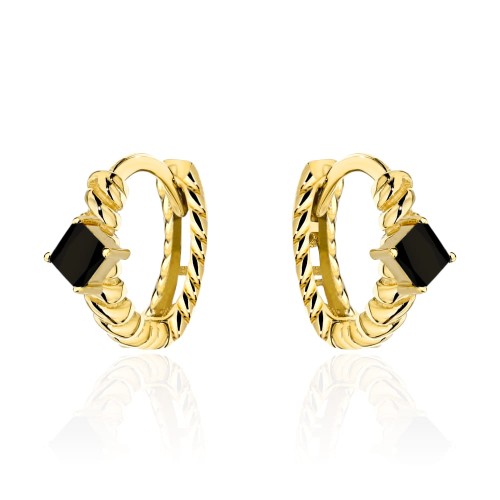 Kolczyki złote kółeczka żłobione z czarnym kamieniem