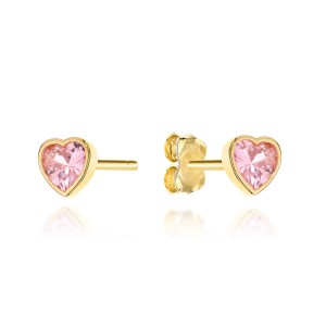 Kolczyki złote serduszka z różowym kamieniem