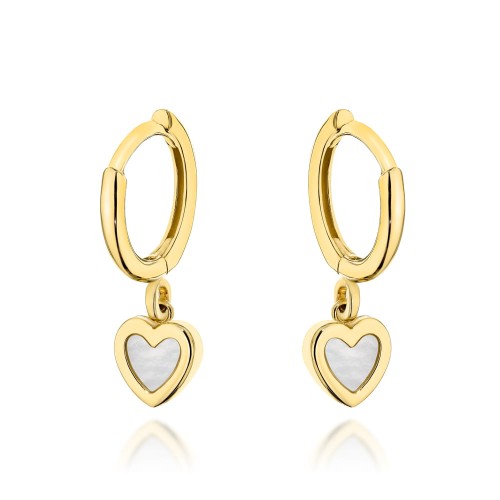 Kolczyki złote kółeczko z wiszącym serduszkiem z masą perłową