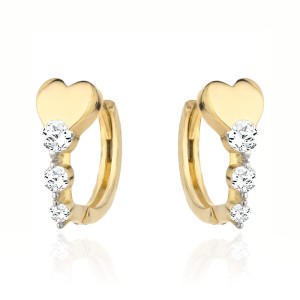 Kolczyki złote serce i rząd trzech cyrkonii