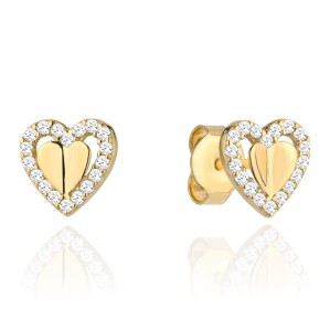 Kolczyki złote wypukłe serce otoczone sercem z cyrkonii