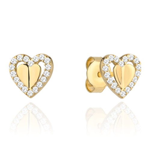 Kolczyki złote wypukłe serce otoczone sercem z cyrkonii