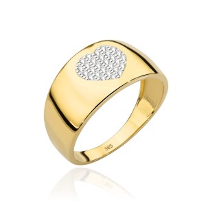 Pierścionek złoty szeroki z sercem wysadzanym cyrkoniami