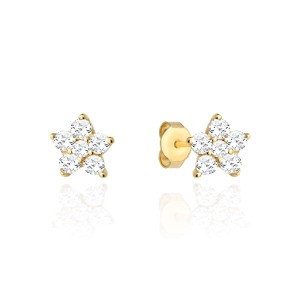 Gold flower earrings with white zircons