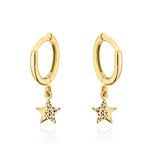 Kolczyki złote kółeczka z jednostronnie diamentowaną gwiazdką