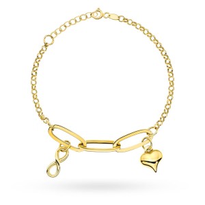 Bransoletka złota z długimi ogniwami i wiszącym sercem i znakiem nieskończoności