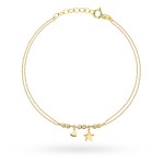 Gold bracelet with smooth balls, a heart and a star on a double chain