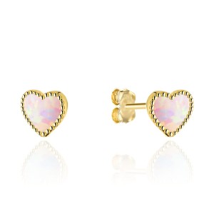 Kolczyki złote serduszka z różowym opalitem na sztyfcie