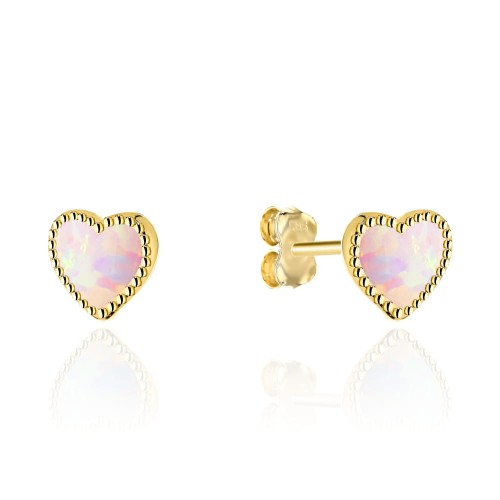 Kolczyki złote serduszka z różowym opalitem na sztyfcie