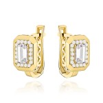 Gold earrings with a square stone and zircons on an English clasp