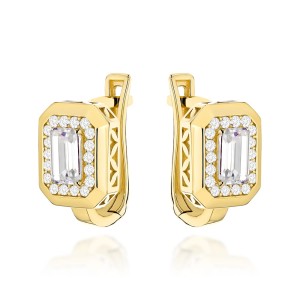 Kolczyki złote z kwadratowym kamieniem i cyrkoniami na angielskim zapięciu