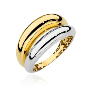 Pierścionek złoty elegancki z podwójną szyną w dwóch kolorach złota
