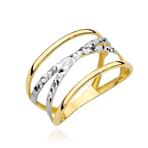 Pierścionek złoty diamentowany X w dwóch kolorach złota