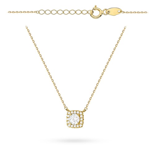 Naszyjnik złoty kwadrat z centralnym kamieniem i cyrkonami