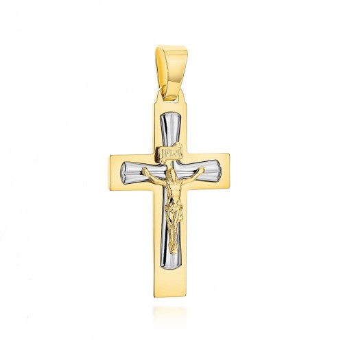 Krzyżyk złoty z ukrzyżowanym Jezusem w dwóch kolorach złota