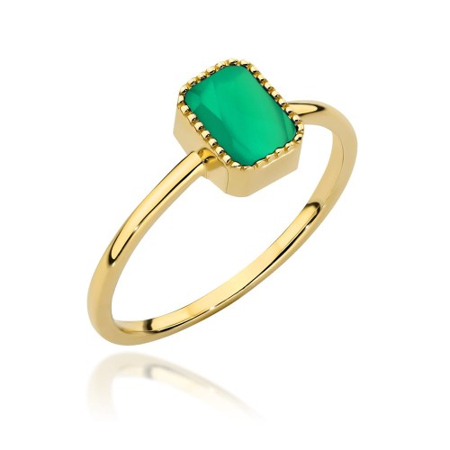 Pierścionek złoty prostokąt z zielonym agatem