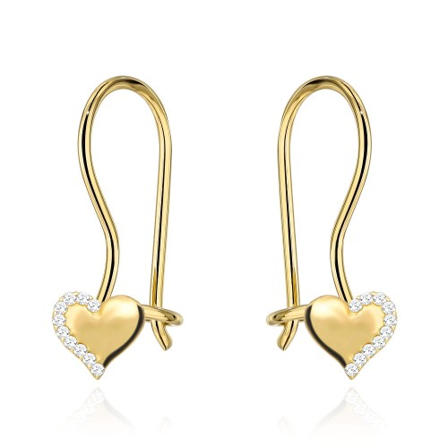 Kolczyki złote serca z cyrkoniami na biglu