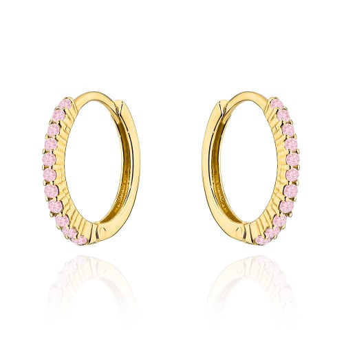 Kolczyki złote kółeczka z różowymi kamieniami