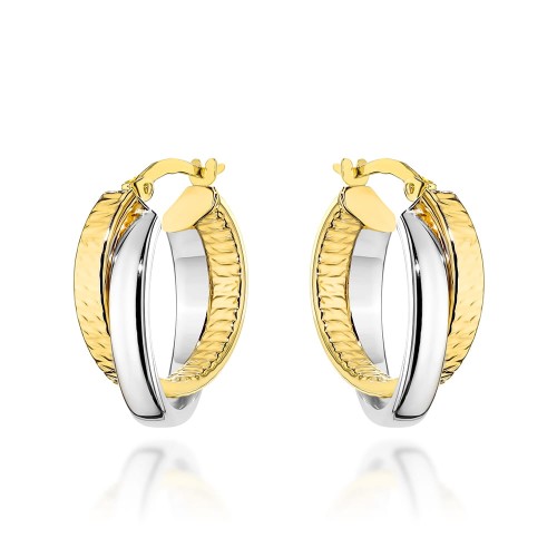 Kolczyki złote splecione kółeczka z diamentowaniem w dwóch kolorach złota