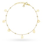 Gold bracelet with diamond balls and hanging stars, hearts and clovers on the leg