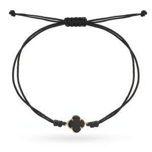 Bransoletka złota czarna koniczynka na czarnym sznurku