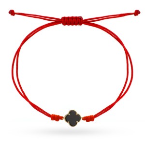 Bransoletka złota czarna koniczynka na czerwonym sznurku