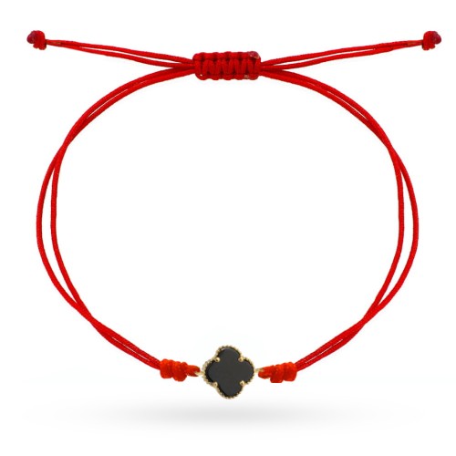 Bransoletka złota czarna koniczynka na czerwonym sznurku