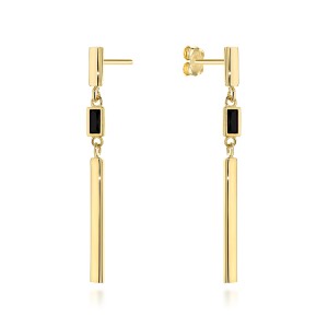 Kolczyki złote wiszące pałeczki z czarnym kamieniem
