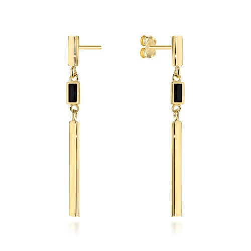 Kolczyki złote wiszące pałeczki z czarnym kamieniem