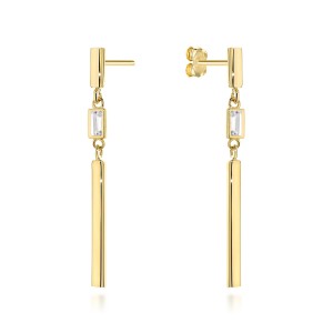 Kolczyki złote wiszące pałeczki z białym kamieniem