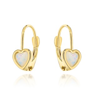 Kolczyki złote serduszka z opalitem na angielskim zapięciu