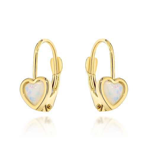 Kolczyki złote serduszka z opalitem na angielskim zapięciu
