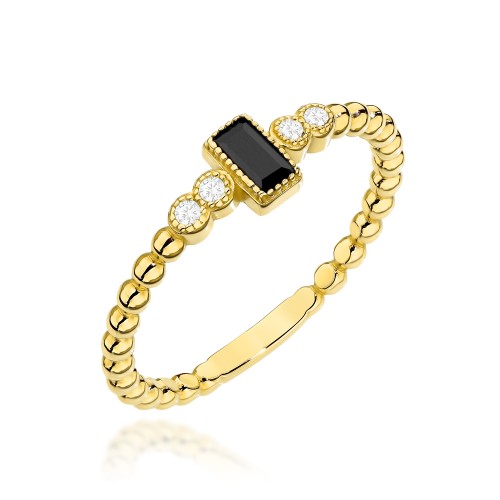 Pierścionek złoty z kuleczek z czarnym kamieniem i cyrkoniami