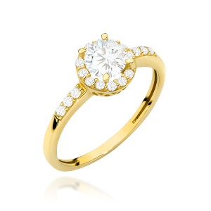 Pierścionek złoty z centralną cyrkonią w oprawie mniejszych i ozdobną szyną